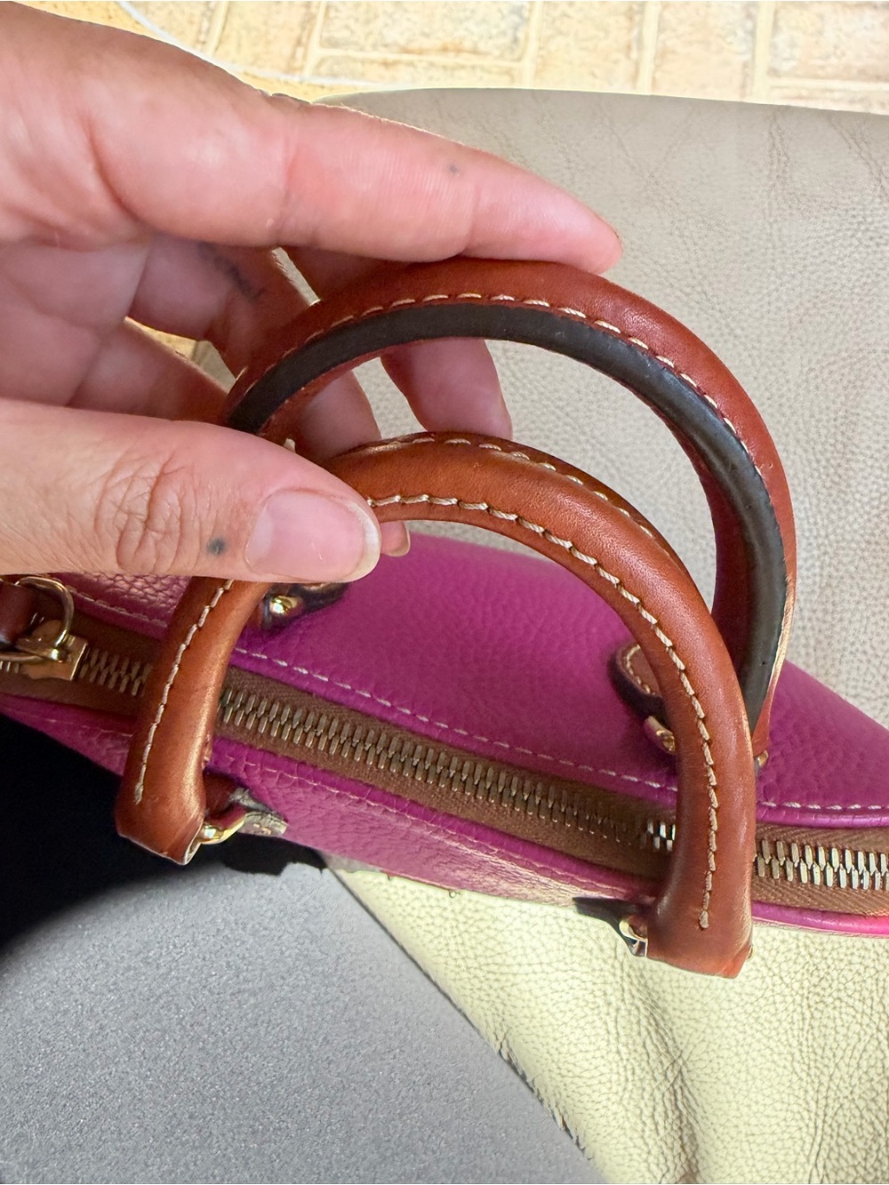 Dooney & Bourke Fuchsia Pebble Leather Mini Satchel with Brown Trim - Picture 7 of 11